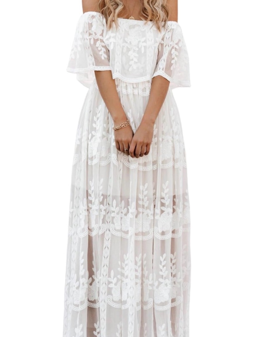 Off-Shoulder White Lace Maxi Dress with Floral Embroidery